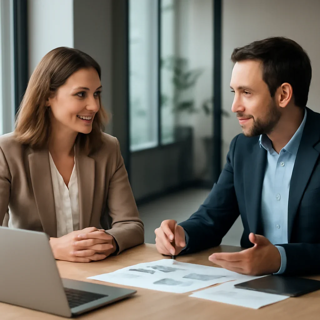 Business owner discussing Rebranding Services growth goals with a consultant