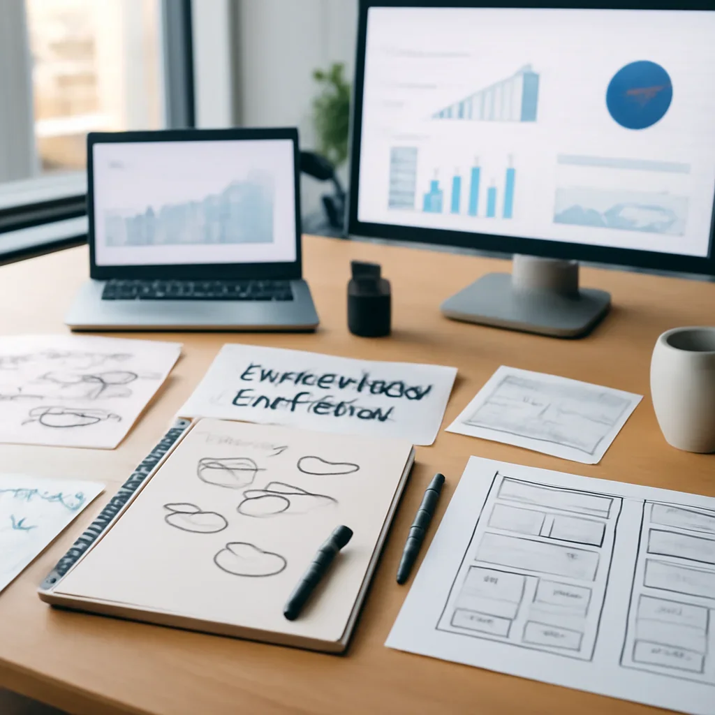 Rebranding Services planning materials and performance review workspace