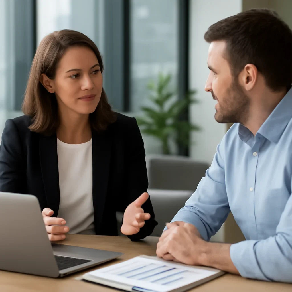 Business owner discussing Content Marketing Services growth goals with a consultant