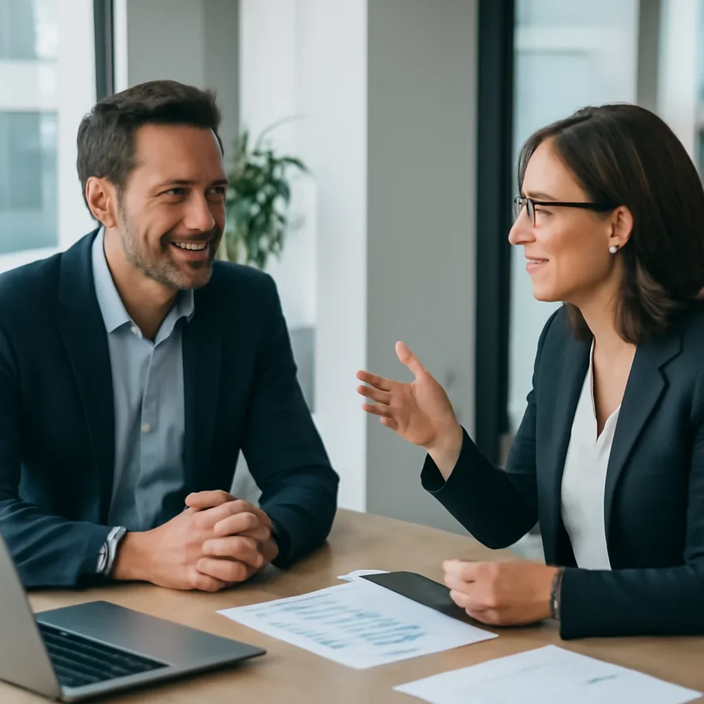 Business owner discussing Internet Marketing Services growth goals with a consultant