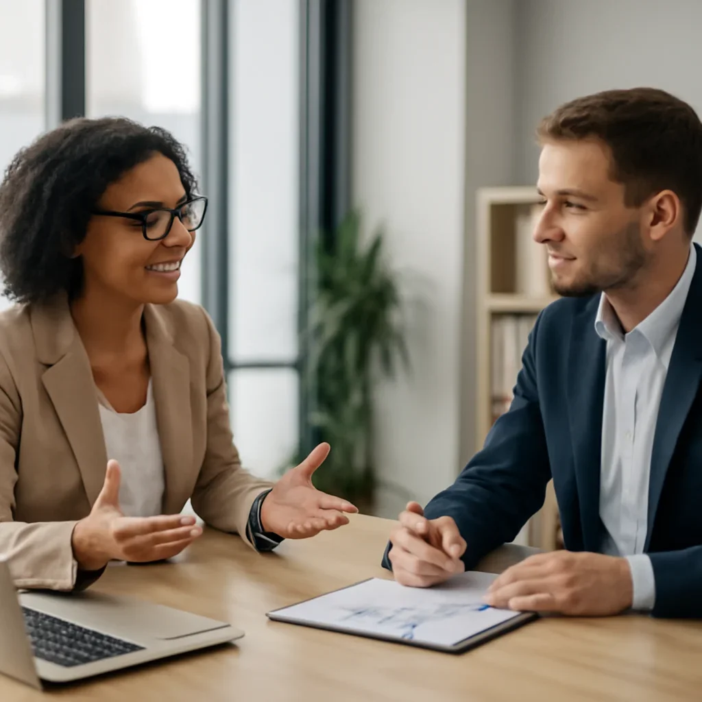 Business owner discussing PPC Management growth goals with a consultant
