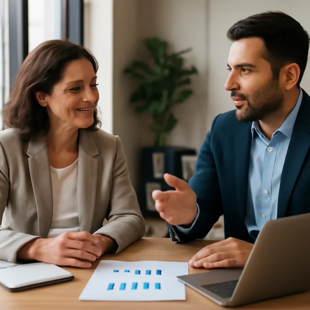 Business owner discussing Search Engine Marketing growth goals with a consultant