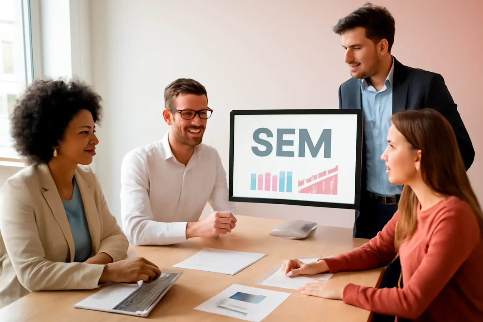 Search Engine Marketing strategy meeting with a modern digital marketing team