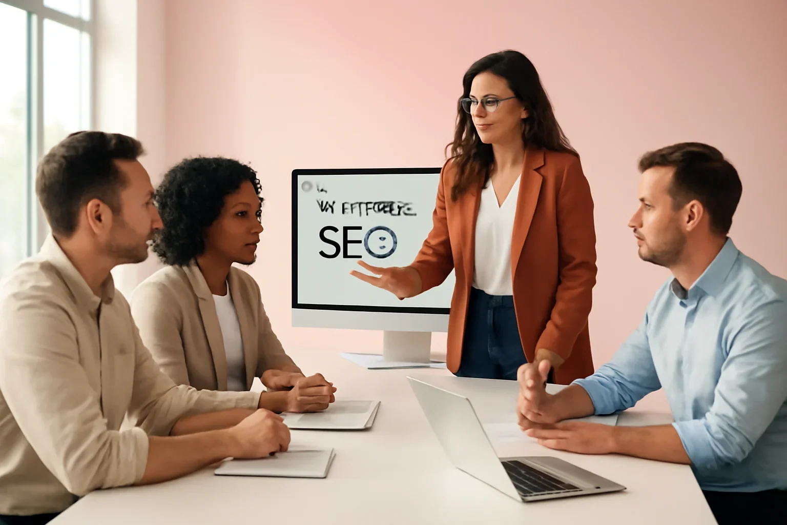 Ecommerce SEO strategy meeting with a modern digital marketing team