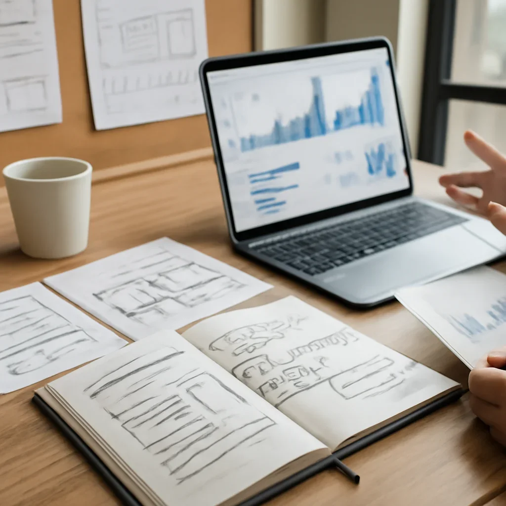 Ecommerce SEO planning materials and performance review workspace