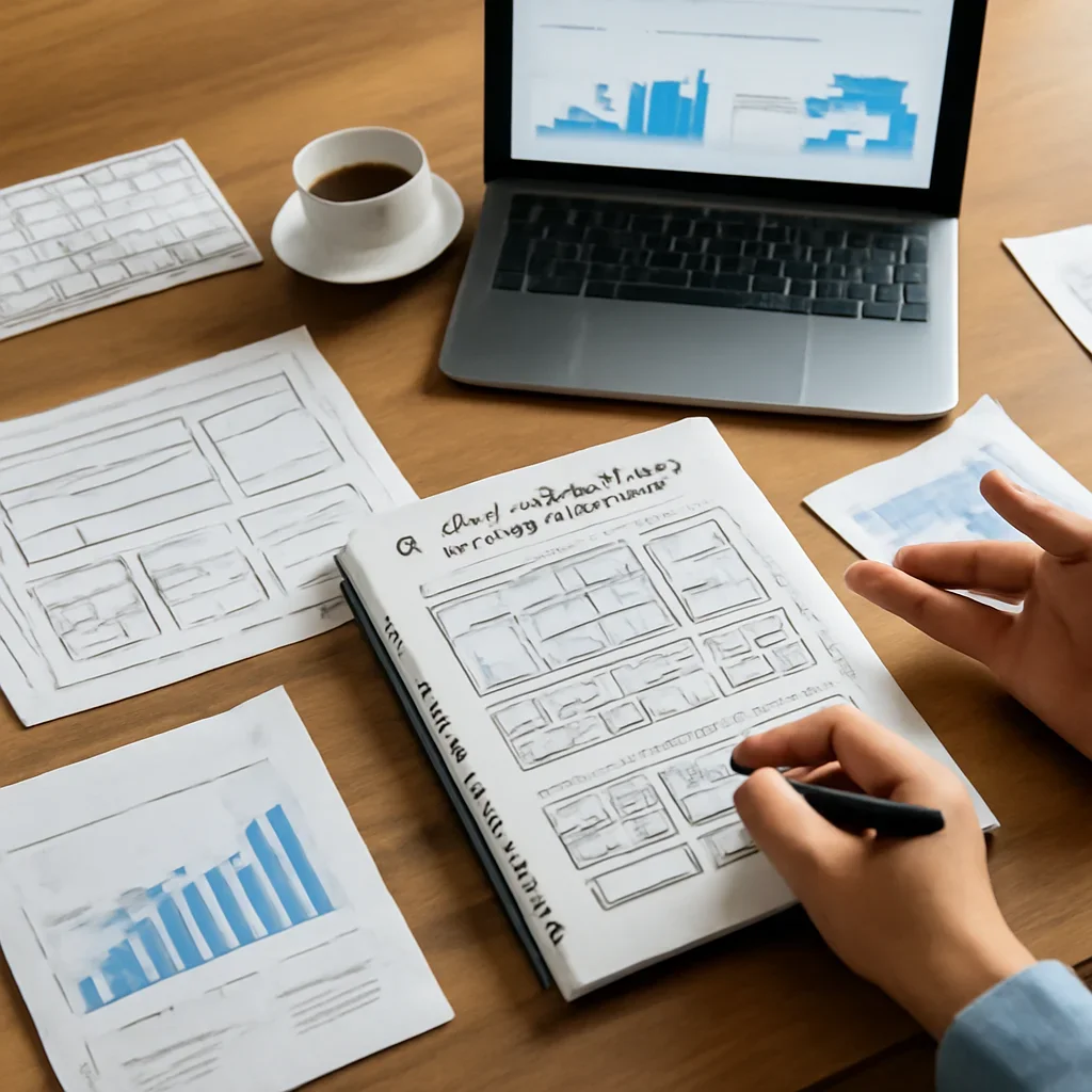 Ecommerce Web Design planning materials and performance review workspace