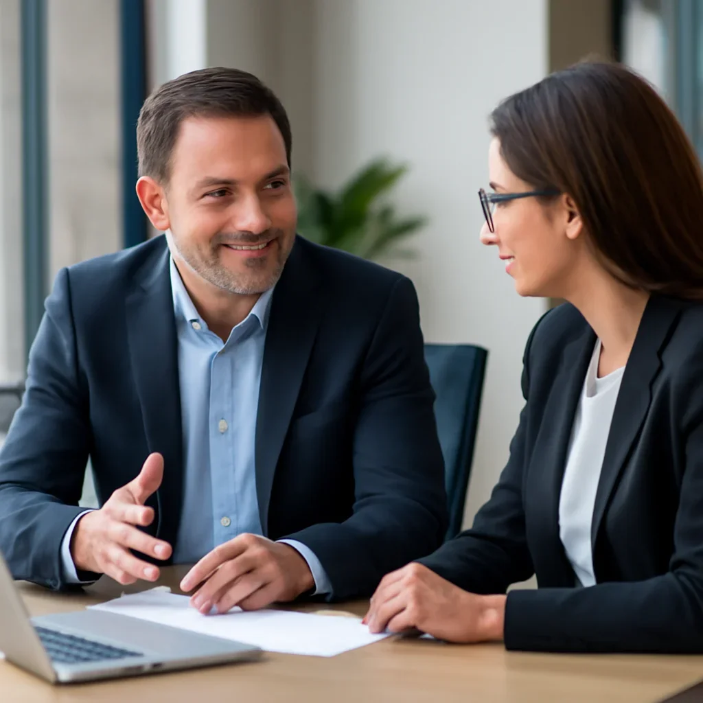 Business owner discussing B2B SEO growth goals with a consultant