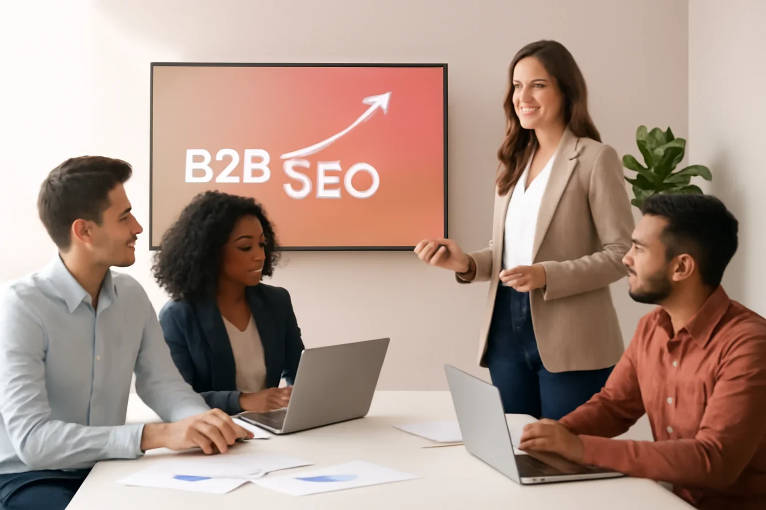 B2B SEO strategy meeting with a modern digital marketing team