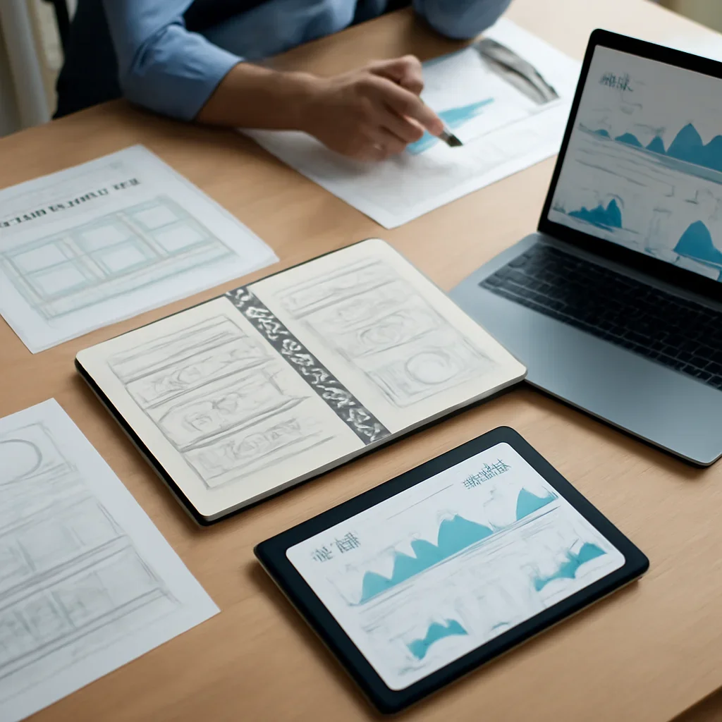 B2B Web Design planning materials and performance review workspace