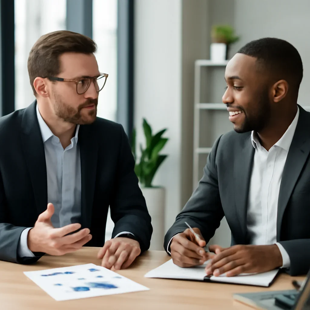 Business owner discussing business solutions overview growth goals with a consultant