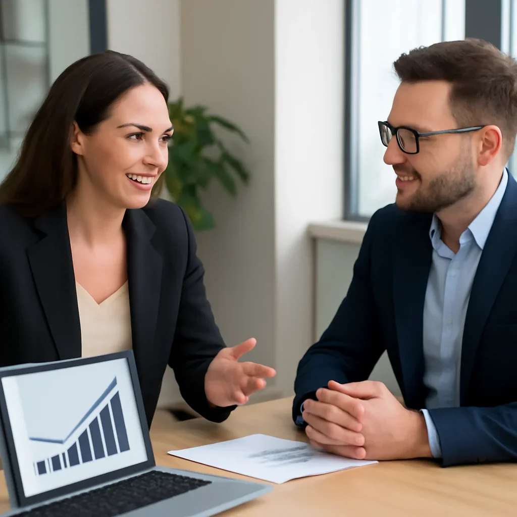Business owner discussing Ecommerce Digital Marketing growth goals with a consultant