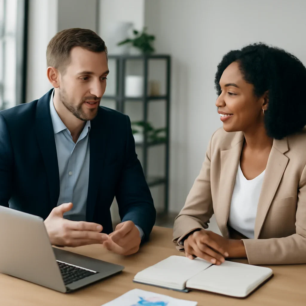 Business owner discussing Ecommerce SEO growth goals with a consultant