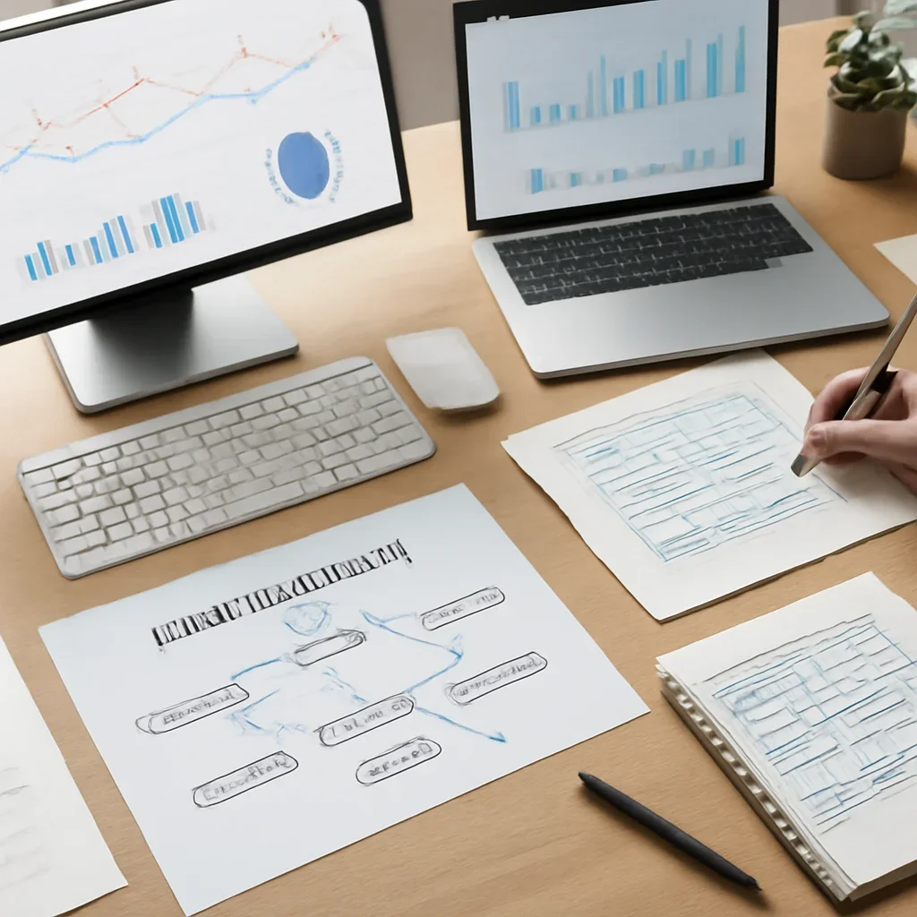 Ecommerce SEO planning materials and performance review workspace
