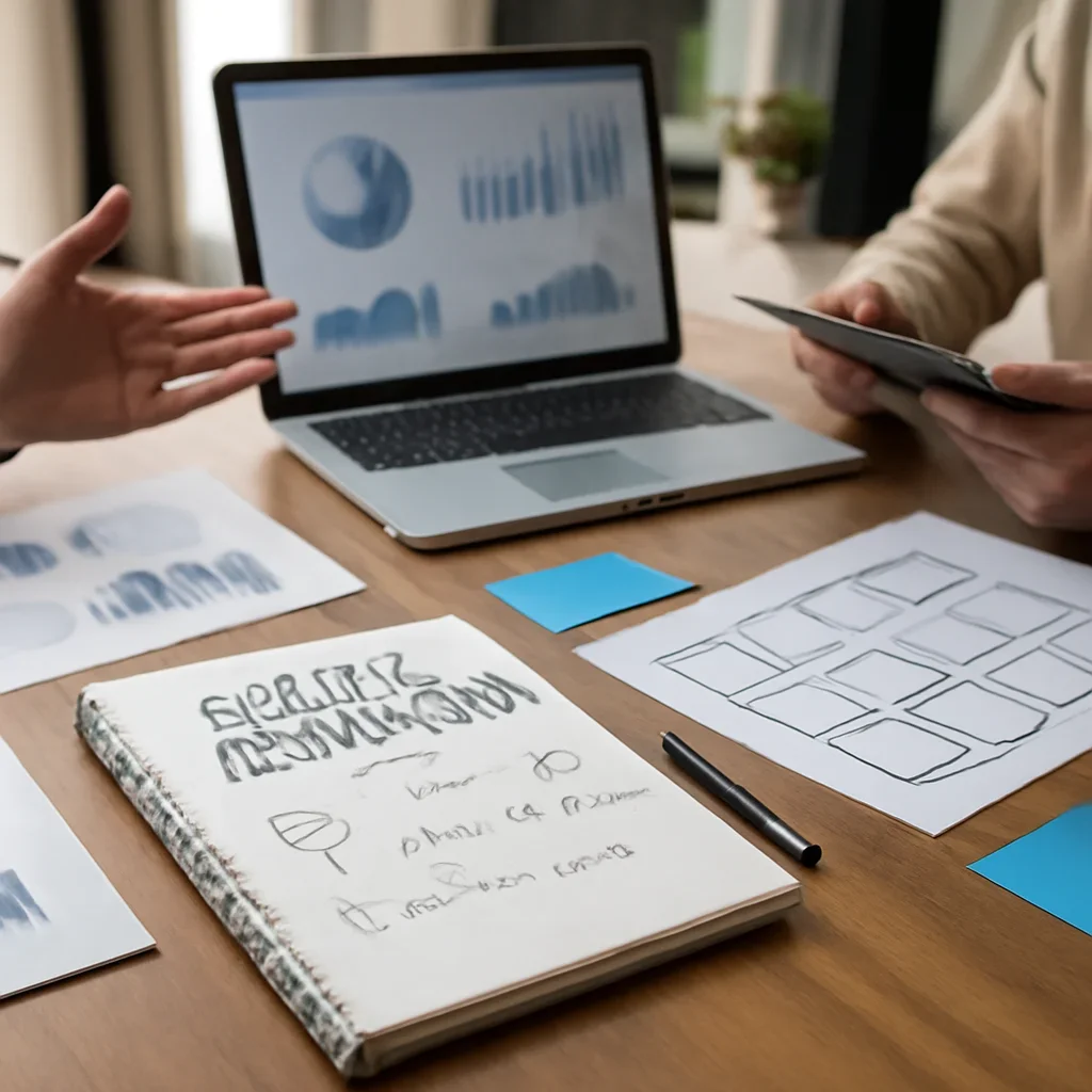 Small Business Digital Marketing planning materials and performance review workspace
