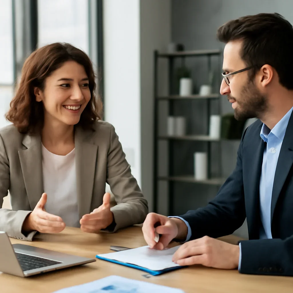 Business owner discussing Startups Branding growth goals with a consultant