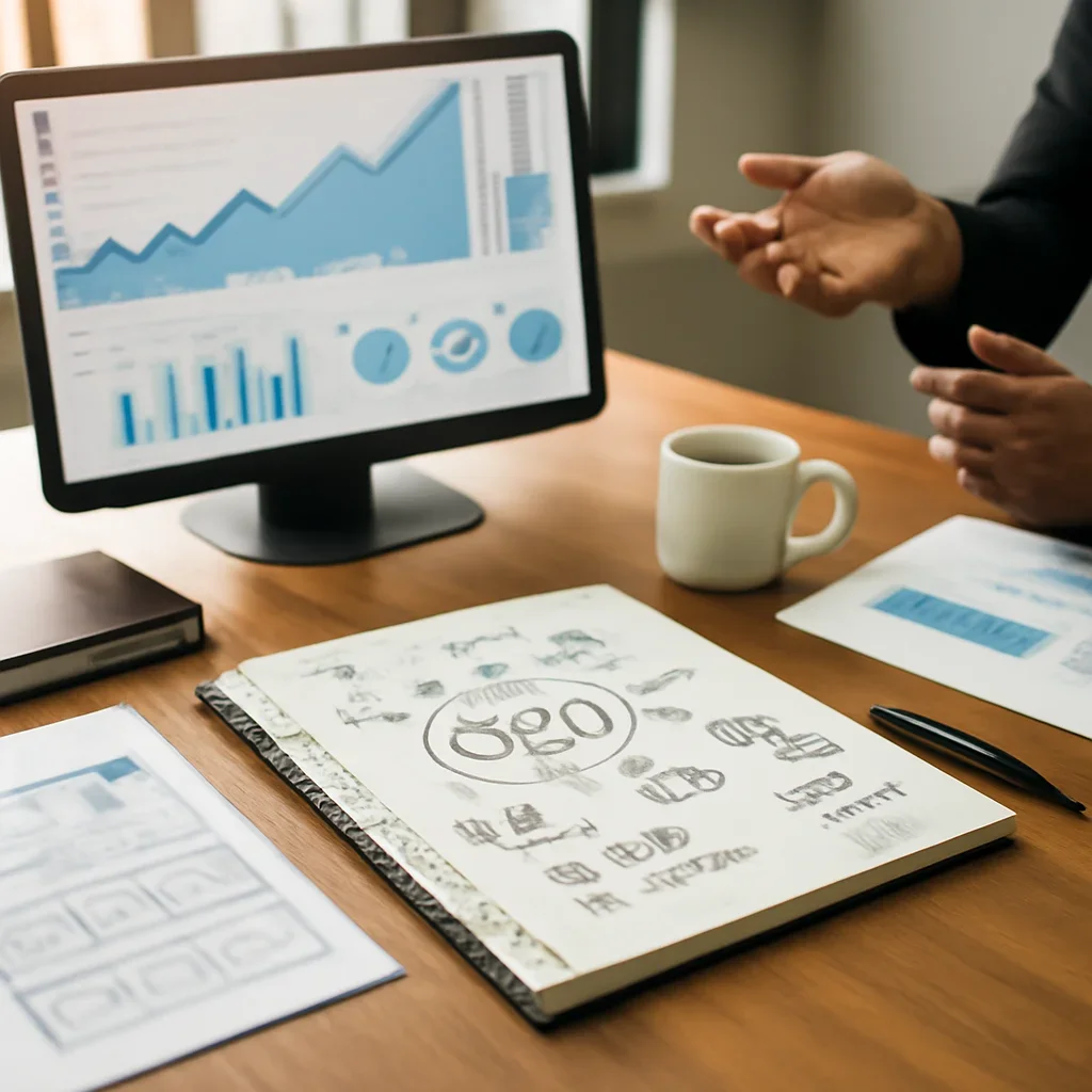 Startups SEO planning materials and performance review workspace